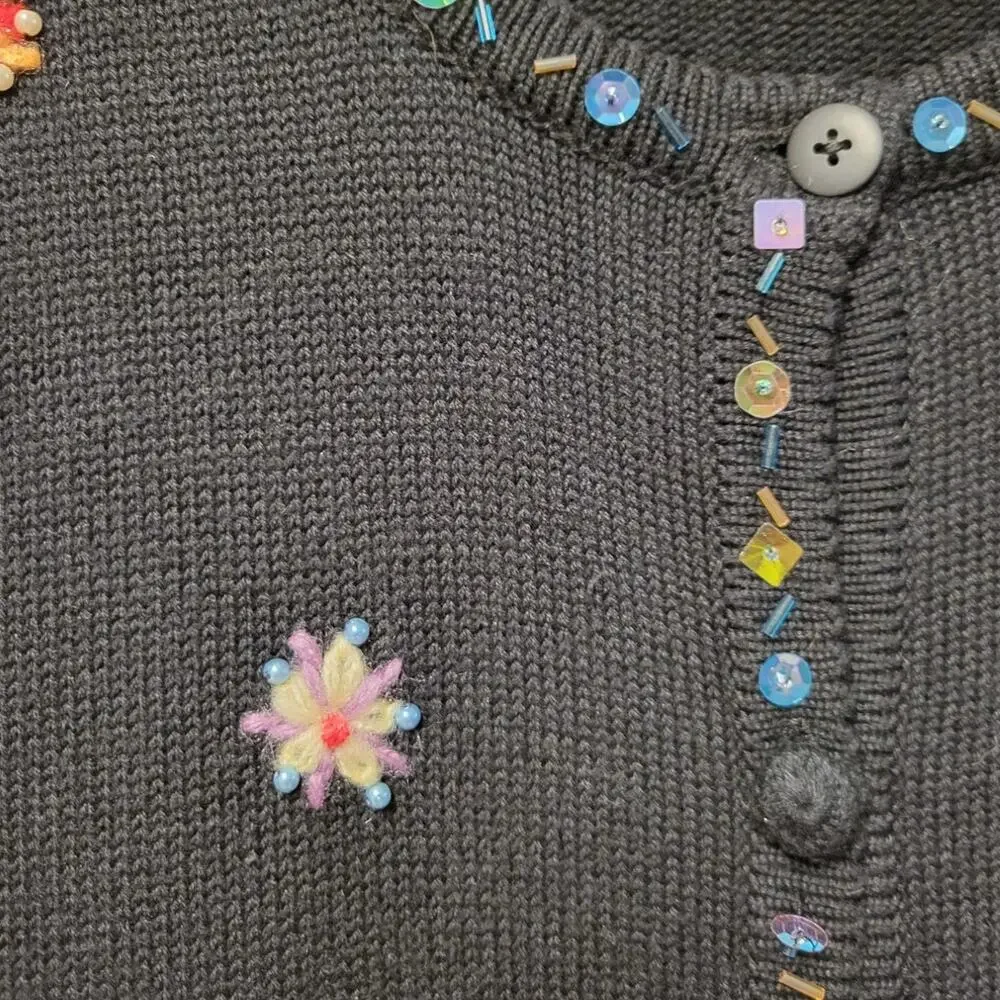 Black Cardigan Multicolor Embroidered Snowflakes Beaded & Sequined Neckline- L‎